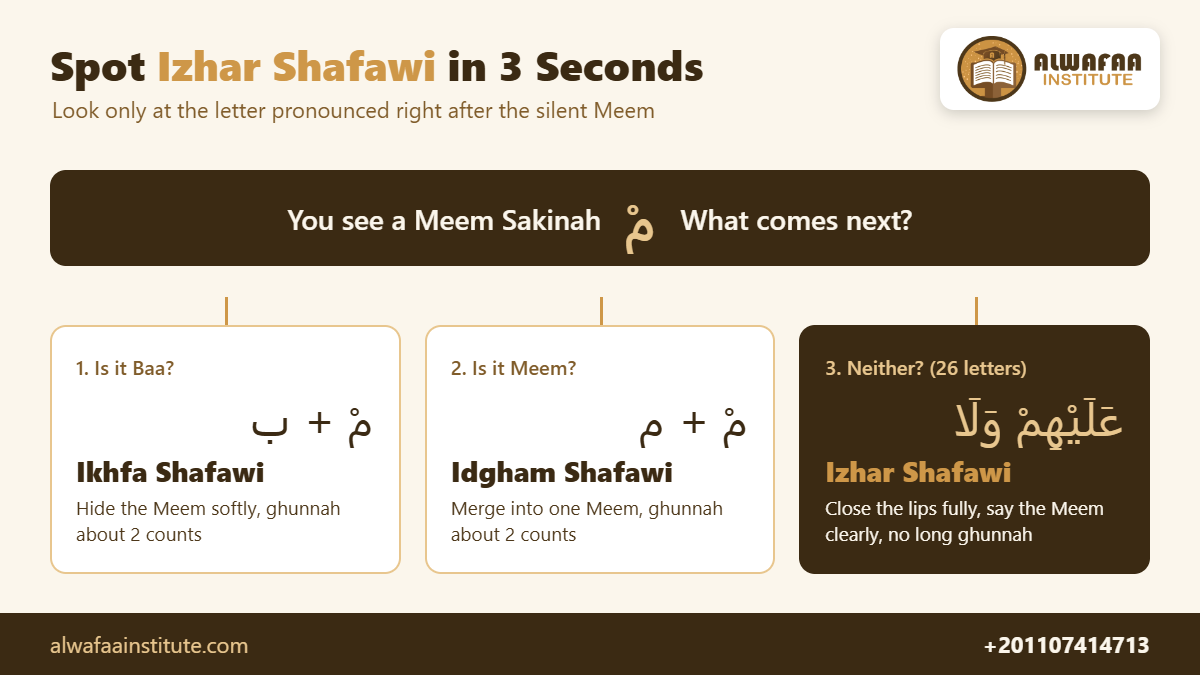 Three-step check to tell Izhar Shafawi from Ikhfa Shafawi and Idgham Shafawi