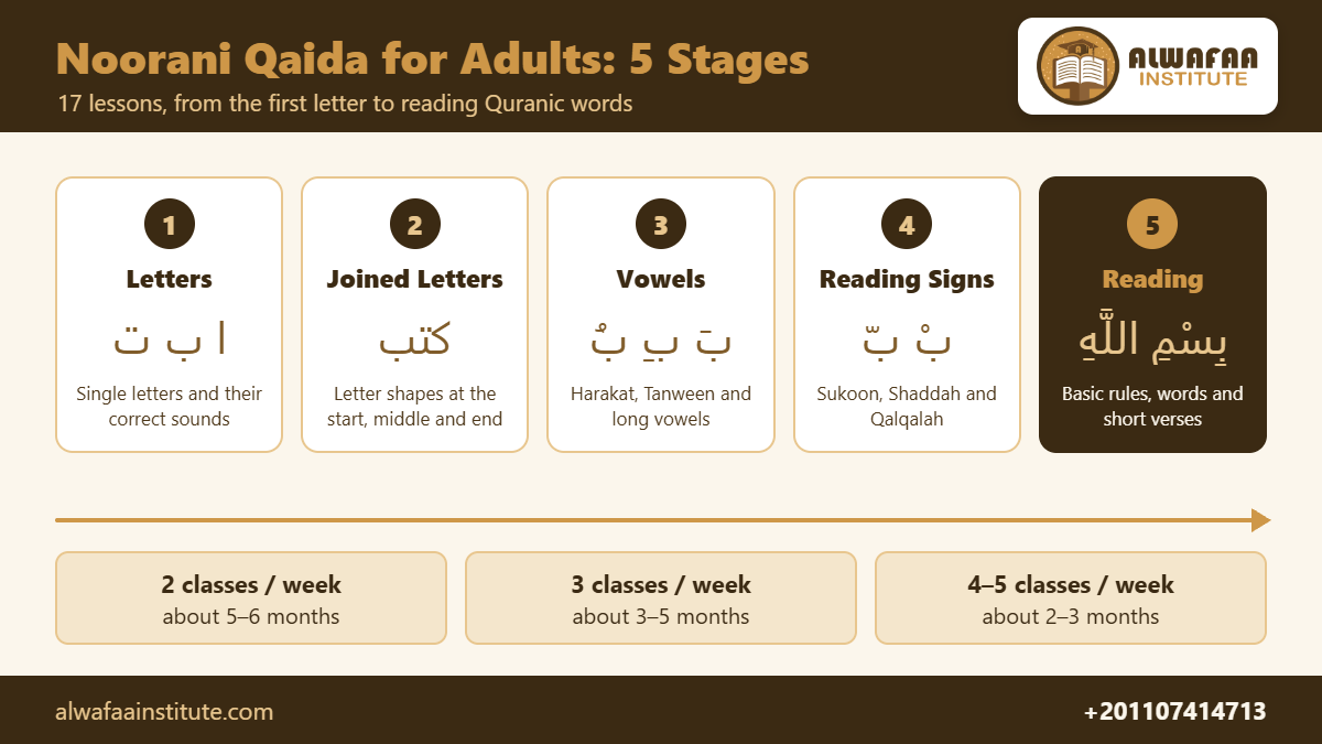 The 5 stages of Noorani Qaida for adults, from letters to reading Quranic words, with typical timelines